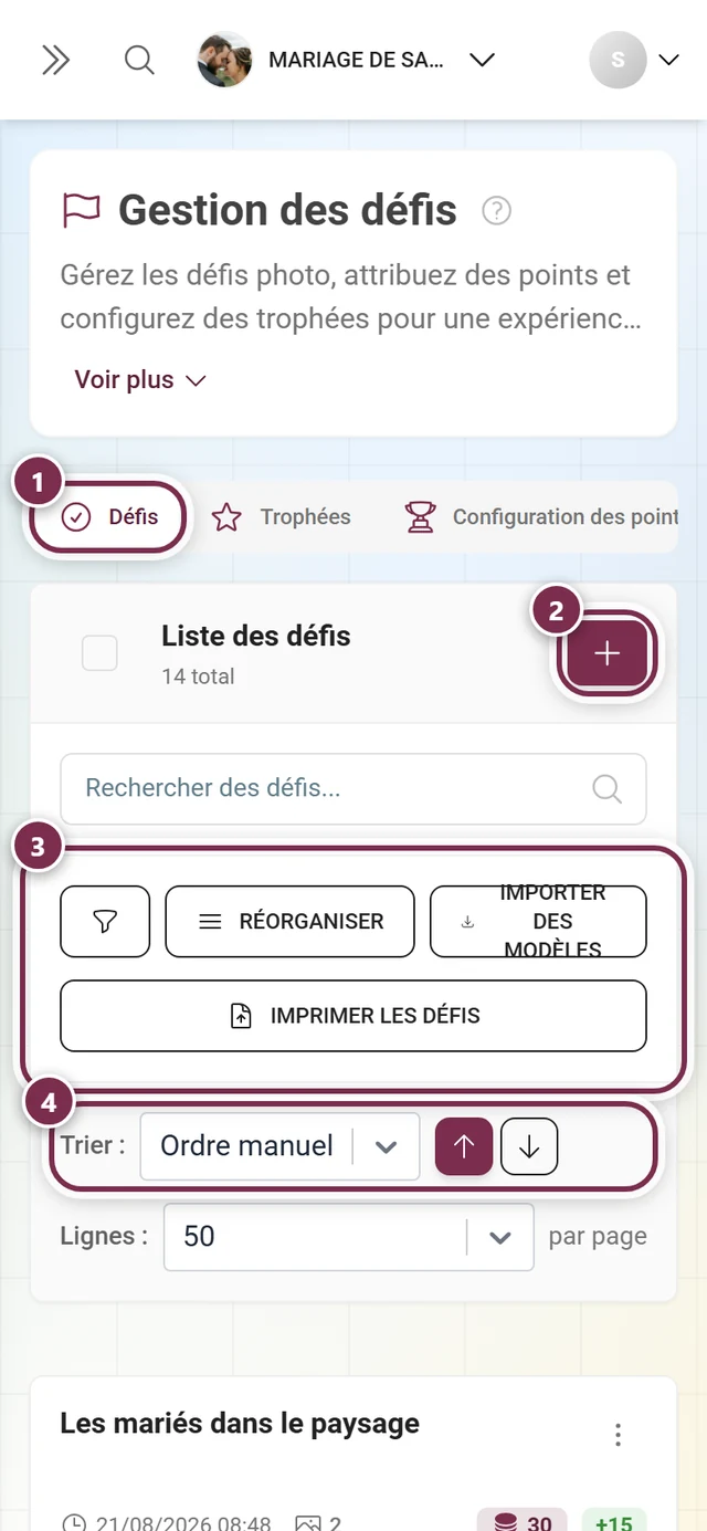 Gestion des défis avec la barre d'onglets, le bouton de création, la barre d'outils et le tri mis en évidence