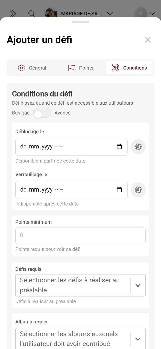 Onglet Conditions dans l'éditeur de défi avec la bascule Basique et Avancé