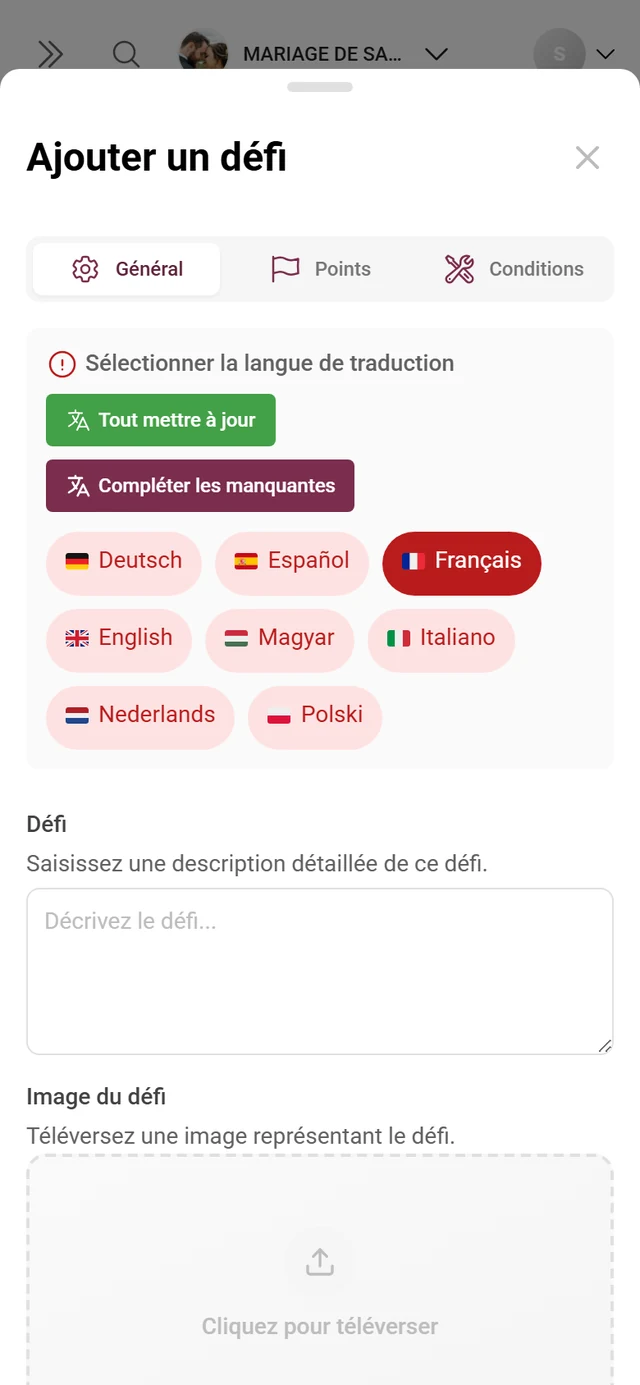 Éditeur de défi avec les champs pour le défi, l'image de référence, les points et le tri