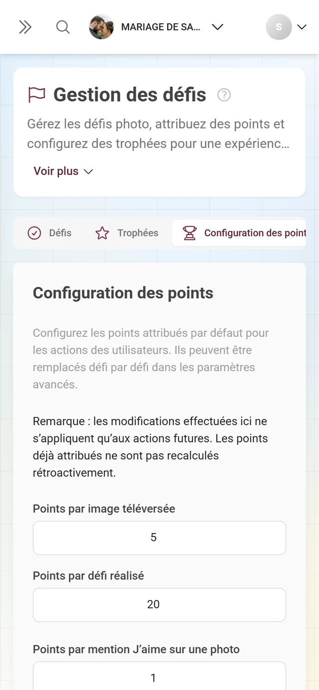 Onglet Configuration des points avec les valeurs de points par action