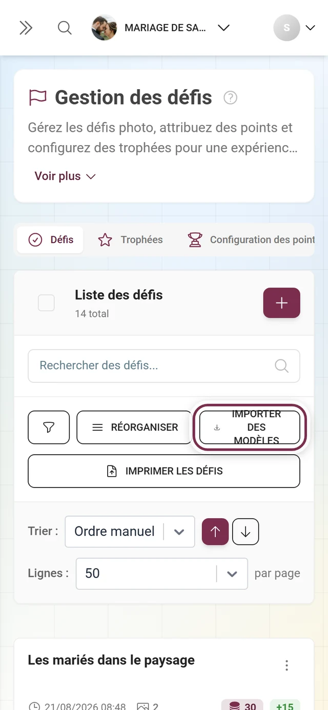 Barre d'outils de la gestion des défis avec le bouton Importer des modèles mis en évidence en rouge