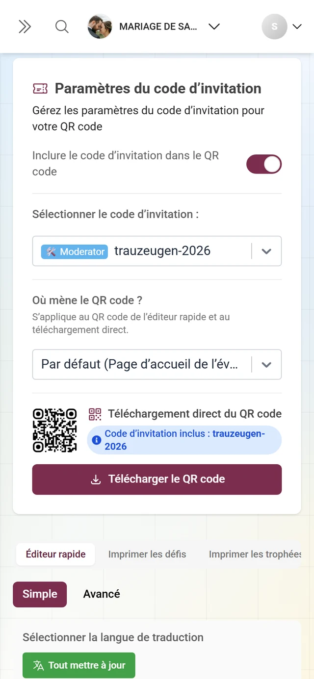 Carte Paramètres du code d'invitation avec son interrupteur, la cible du QR et le téléchargement direct