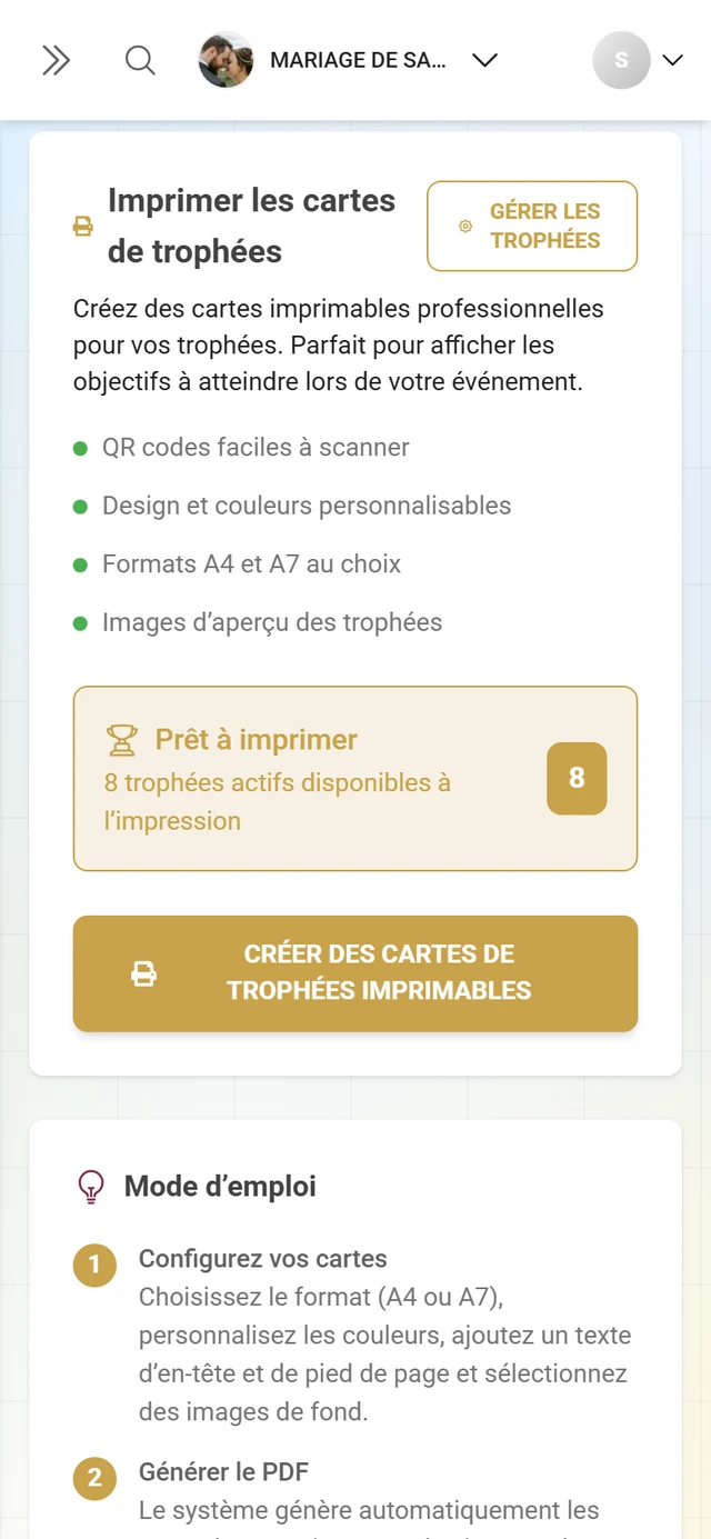 Onglet Imprimer les trophées avec la carte Imprimer des cartes de trophées