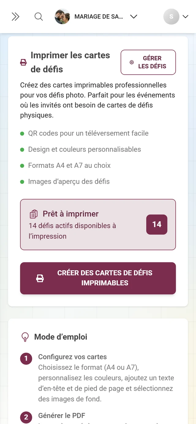 Onglet Imprimer les défis avec la carte Imprimer des cartes de défis