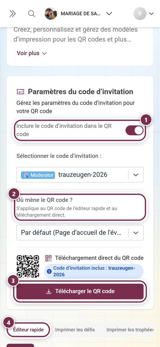 Page Modèles d'impression avec le sélecteur de code d'invitation, la destination QR, le bouton de téléchargement et les onglets mis en évidence