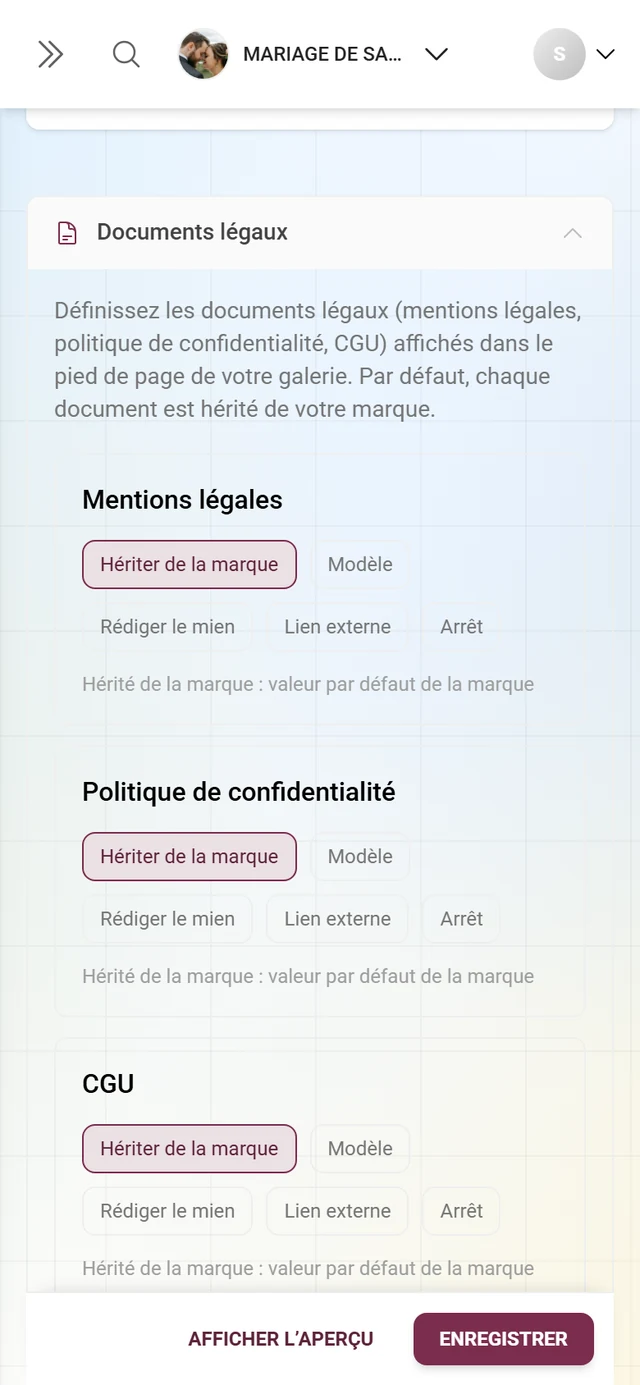 Section Documents légaux dépliée dans l'onglet White-Label