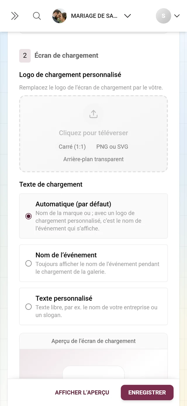 Bloc 2 Écran de chargement avec la zone de dépôt du logo et les trois options de texte de chargement