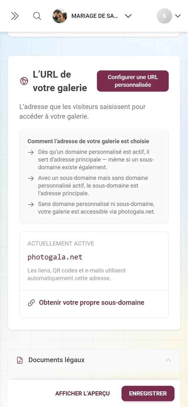 Section L'URL de votre galerie avec l'adresse actuelle