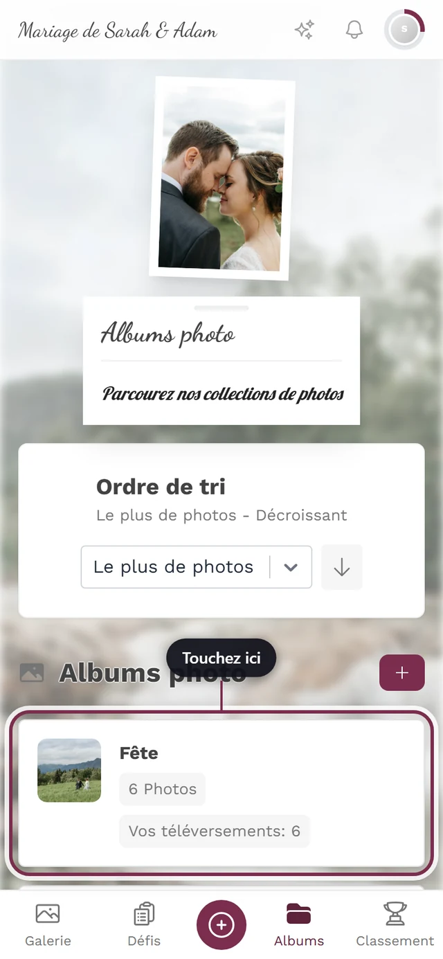 Vue d'ensemble des albums, la première vignette d'album avec image de couverture et nombre d'images est mise en évidence