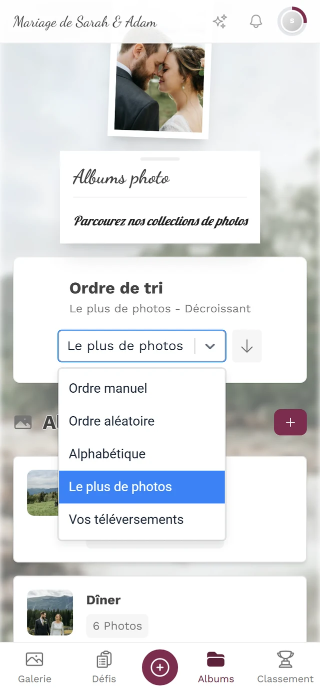 Menu déroulant de tri ouvert avec les cinq options