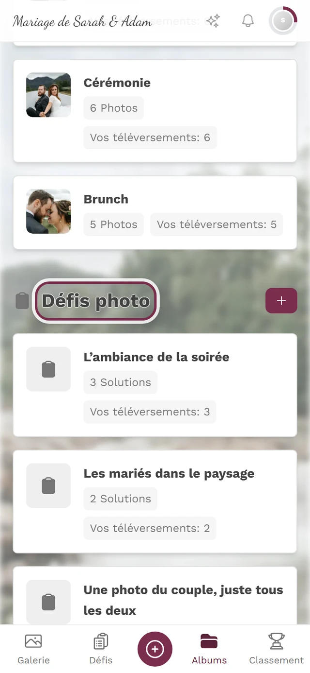 Vue d'ensemble des albums, défilée jusqu'à la section Défis photo mise en évidence
