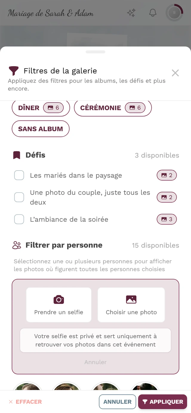 Choix de la source pour Me retrouver avec les boutons Prendre un selfie et Choisir une photo, ainsi que la mention de confidentialité