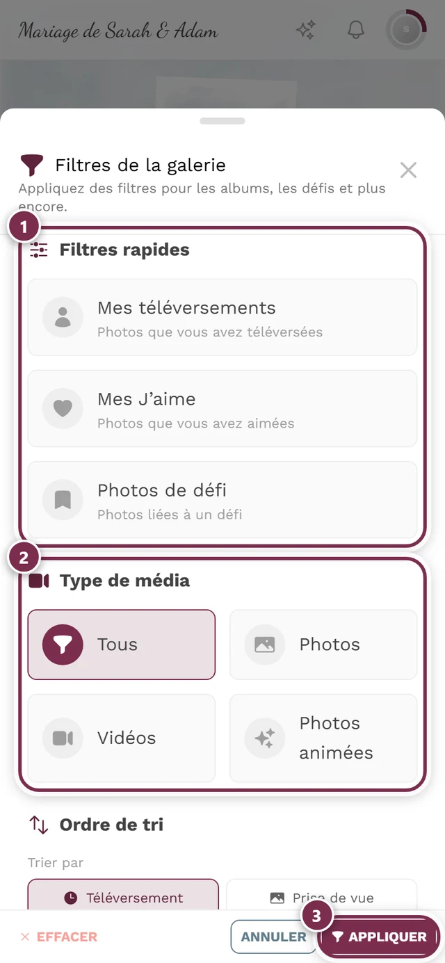 Panneau de filtres avec les sections Filtres rapides, Type de média, Ordre de tri et Albums