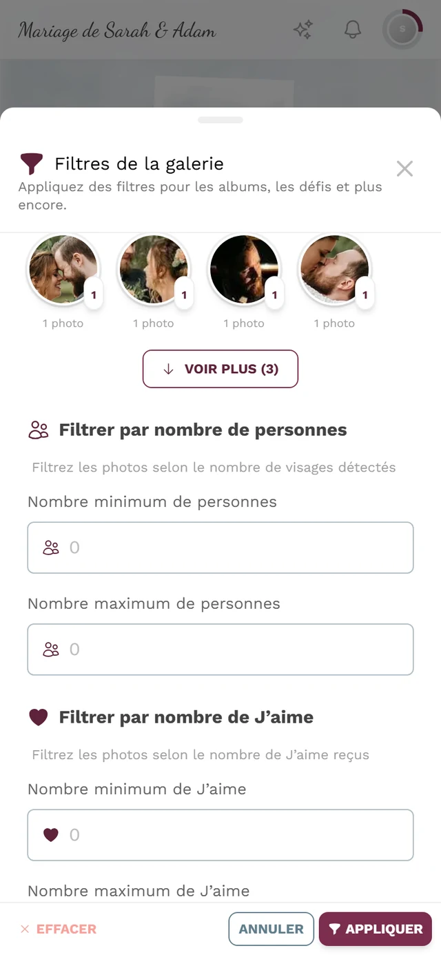 Section de filtre Filtrer par nombre de personnes avec les champs Minimum et Maximum