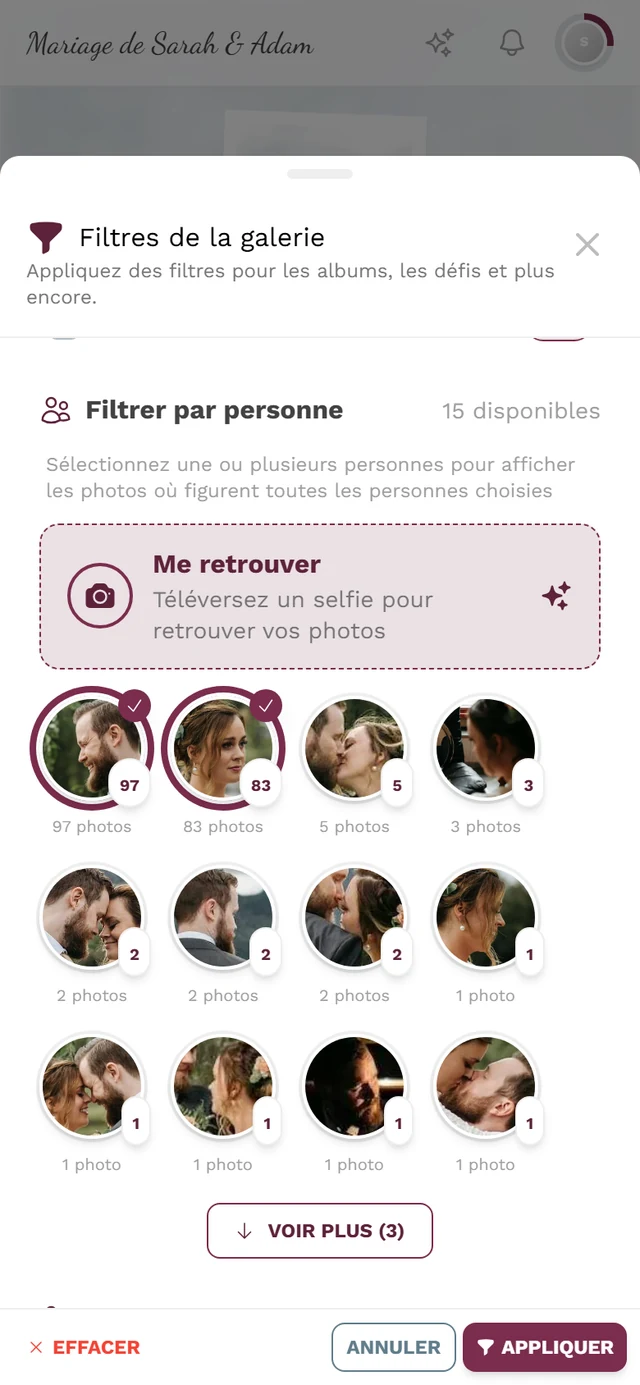 Vignettes de personnes dans le filtre de la galerie, deux d'entre elles sélectionnées avec anneau et case à cocher