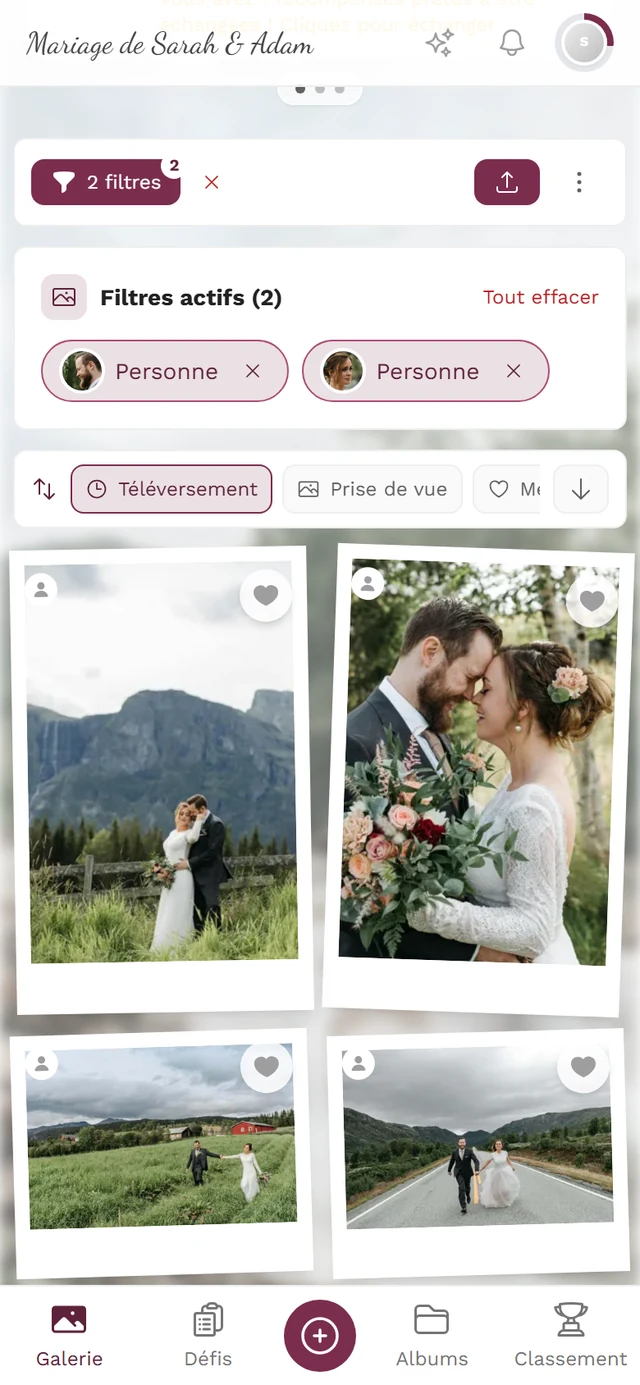 Cadre Filtres actifs au-dessus de la galerie avec deux pastilles de personnes et le lien Tout effacer