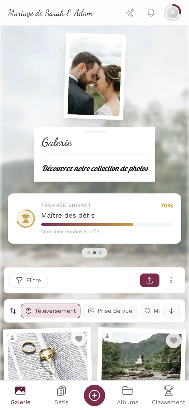 Galerie avec la carte Prochain trophée et les trois points du carrousel en dessous