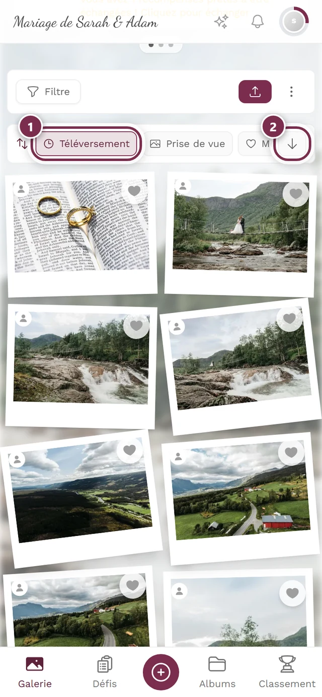 Barre de tri au-dessus des photos, critère de tri et bouton d'ordre mis en évidence