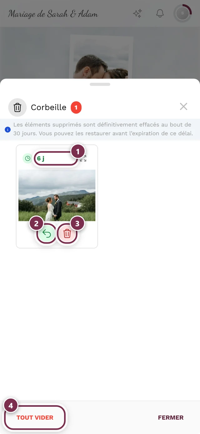 Corbeille personnelle sous forme de boîte de dialogue dans la galerie, avec la puce de jours restants, Restaurer, Supprimer définitivement et Tout vider mis en évidence