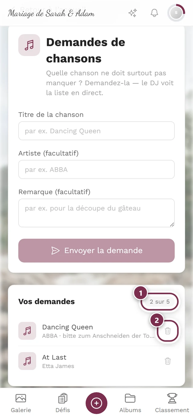 Section Vos demandes avec deux entrées, le compteur 2 sur 5 et les icônes de corbeille