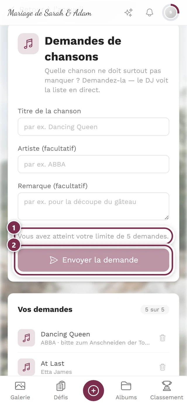 Formulaire avec un bouton grisé et l'indication Vous avez atteint votre limite de 5 demandes