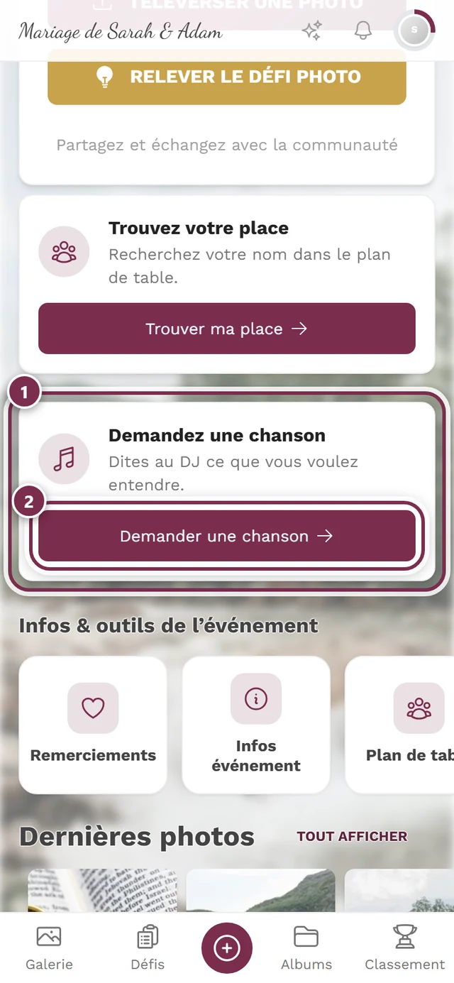 Page d'accueil de l'événement avec la carte Demandez une chanson et le bouton Demander une chanson