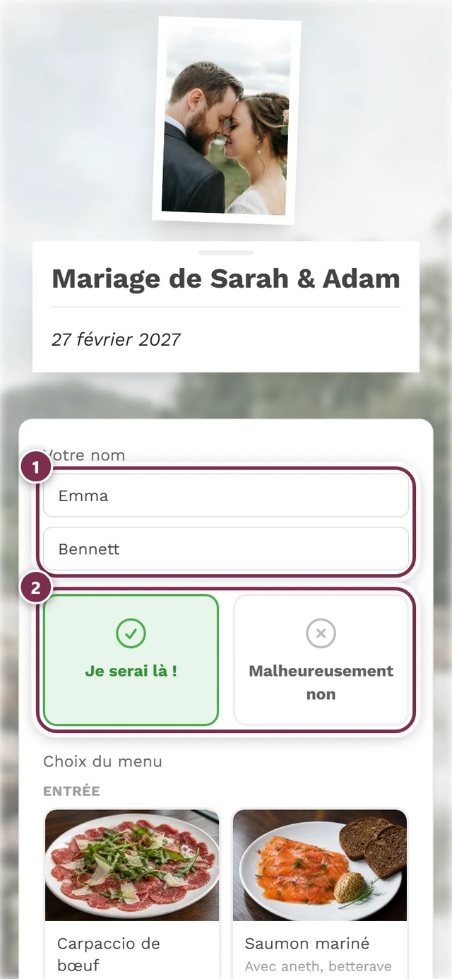Vue classique sans assistant avec les champs de nom, les cartes d'acceptation et le menu en dessous