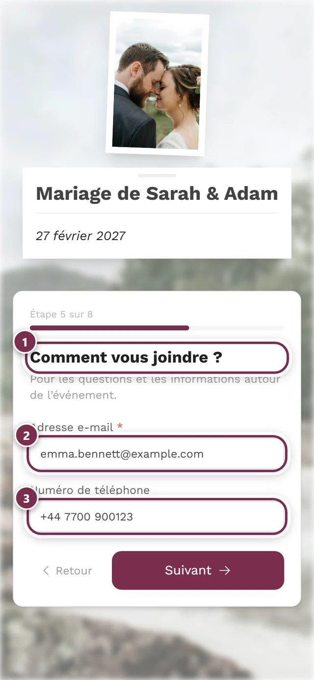 Étape Comment vous joindre avec un champ e-mail obligatoire et un champ téléphone facultatif
