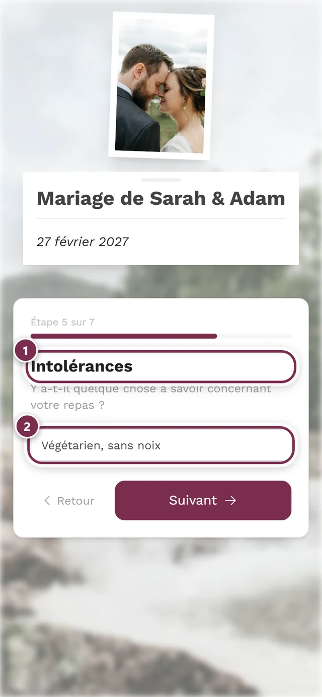 Étape Restrictions alimentaires avec un champ de texte rempli