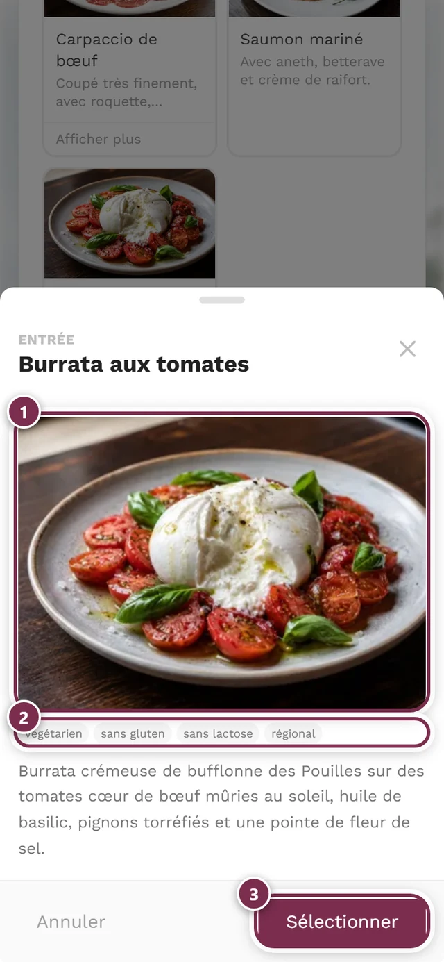 Vue agrandie d'un plat avec la photo, toutes les mentions et le bouton Sélectionner