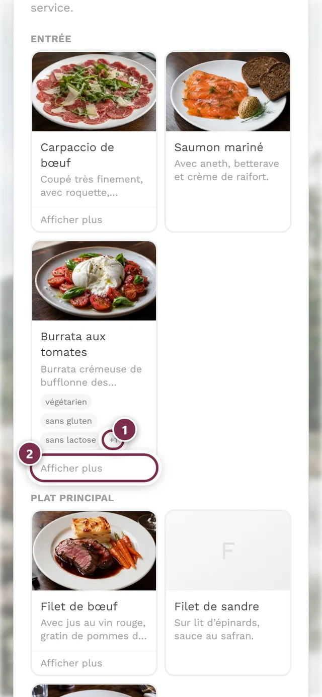 Carte de plat avec la pastille plus un parmi les mentions et le bouton Voir plus