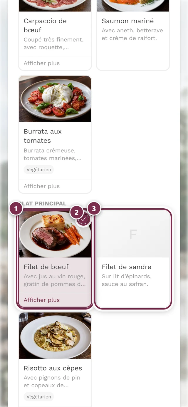 Plat principal avec un plat sélectionné, coche à l'appui, et un plat non sélectionné en dessous