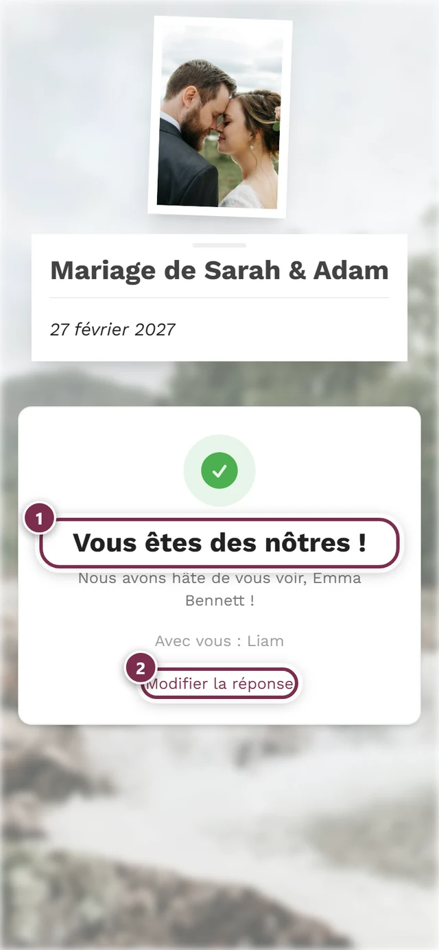 Page de confirmation avec le titre Vous êtes des nôtres et le bouton Modifier la réponse