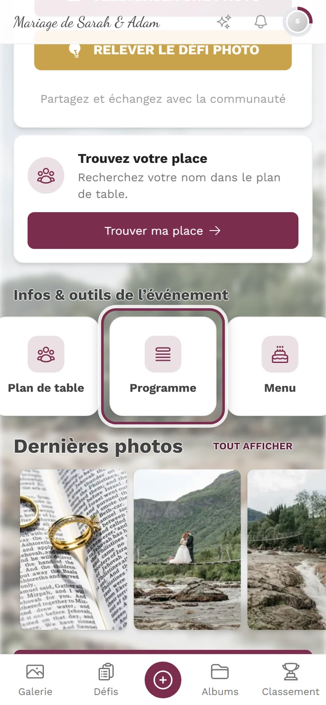 Page d'accueil de l'événement avec la tuile Programme mise en évidence dans la barre d'outils