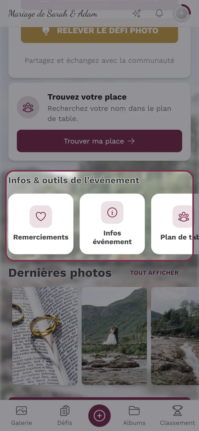 Page d'accueil de l'événement avec la barre Infos et outils de l'événement mise en évidence
