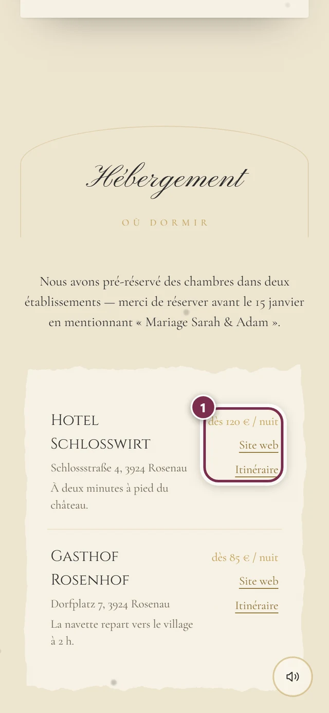Section Hébergement avec deux établissements et un cercle autour du prix, Site web et Itinéraire pour le premier
