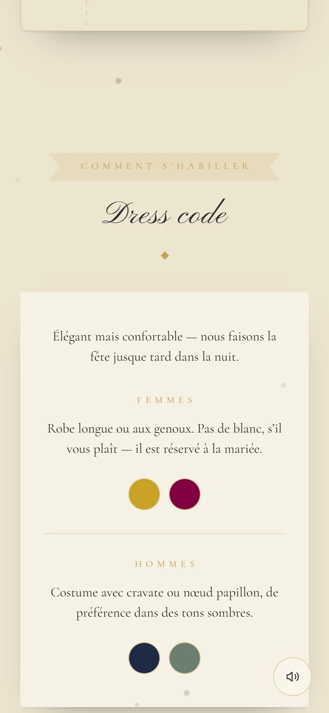 Section Code vestimentaire avec les groupes Femmes et Hommes et deux pastilles de couleur chacun