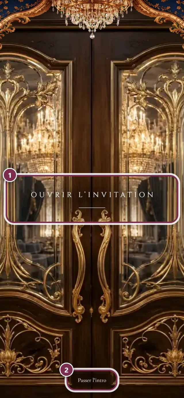 Portail fermé de l'invitation numérique avec des cercles numérotés autour de Ouvrir l'invitation et Passer l'intro