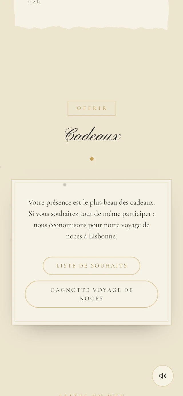 Section Cadeaux avec un texte et deux boutons, Liste de souhaits et Cagnotte voyage