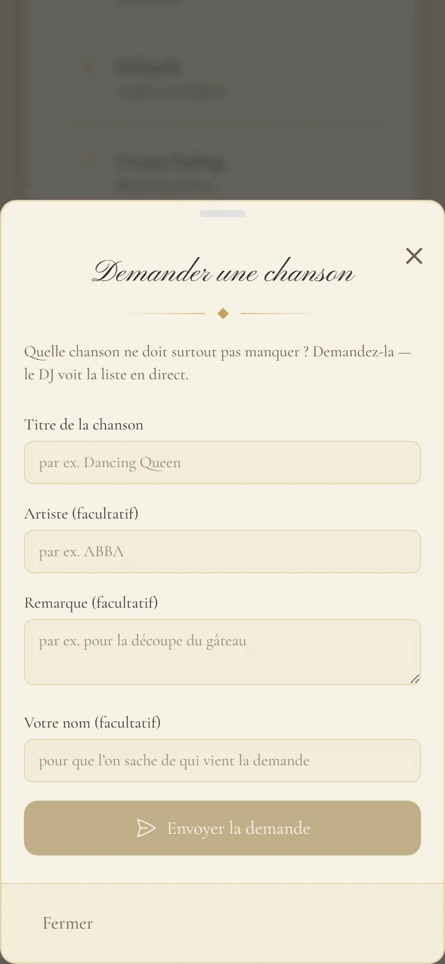 Fenêtre Demander une chanson dans l'invitation avec les champs titre de la chanson, artiste, remarque et votre nom