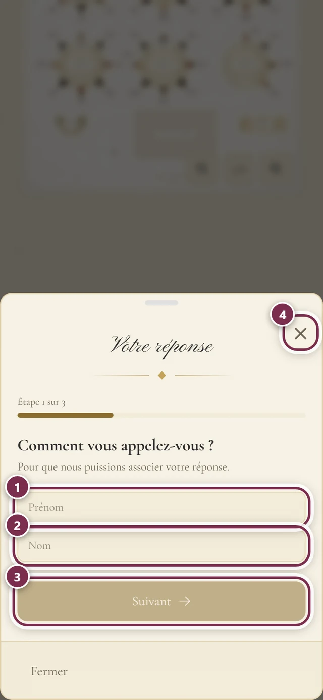 Fenêtre de réponse Votre réponse avec des cercles autour du prénom, du nom, de Suivant et de la croix de fermeture