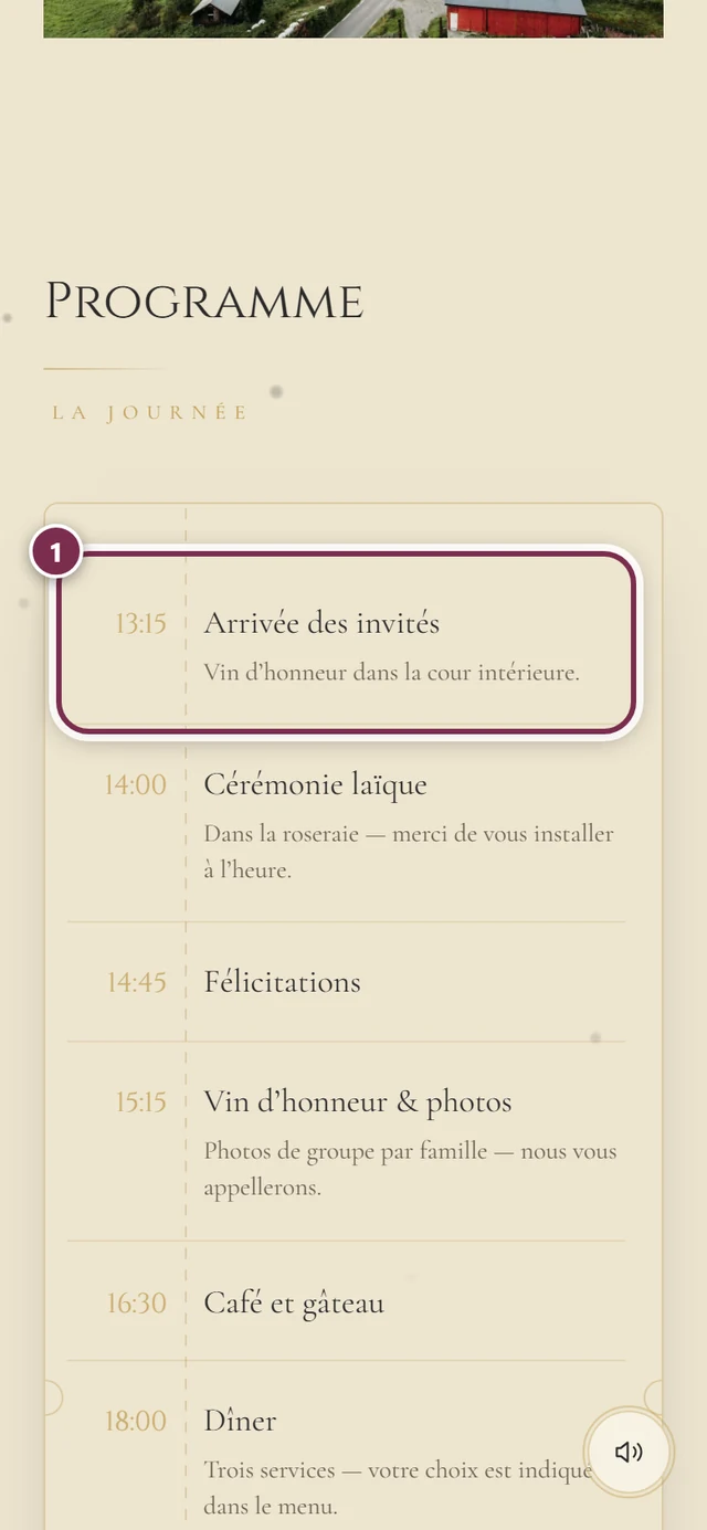 Section Programme avec une frise chronologique et un cercle autour du premier point