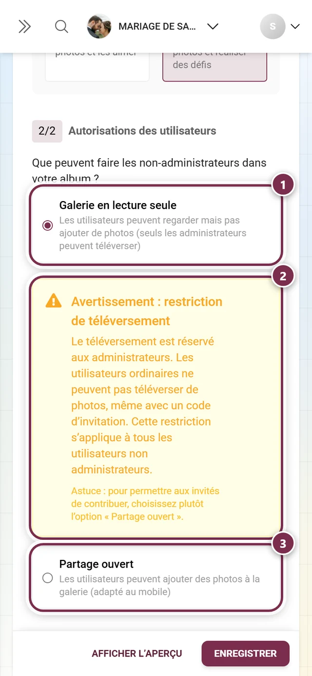Section Mode de la galerie avec l'option Galerie en lecture seule sélectionnée et la remarque Tous les envois des invités sont désactivés