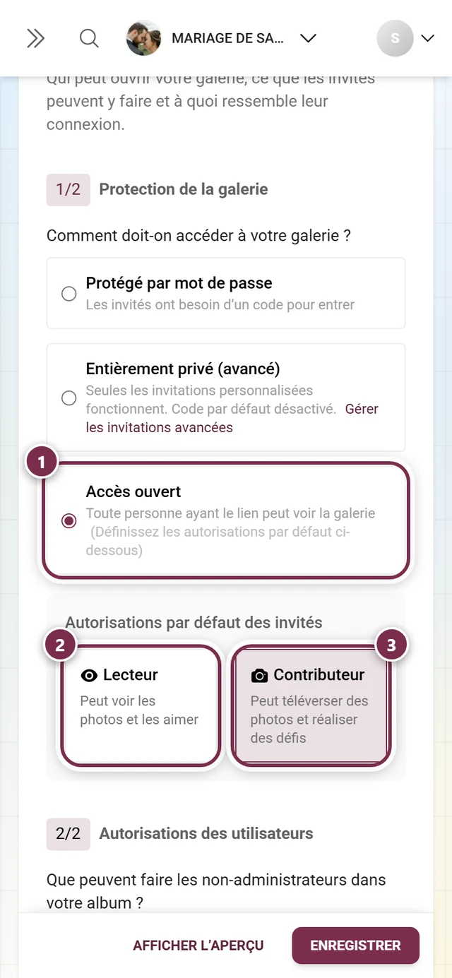 Protection de la galerie avec l'option Accès ouvert sélectionnée et les options Lecteur et Contributeur