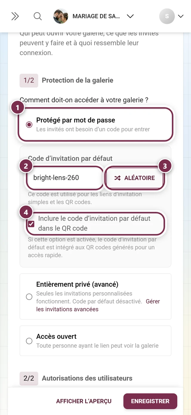 Protection de la galerie avec l'option Protégé par mot de passe sélectionnée, champ Code d'invitation par défaut, bouton Aléatoire et case pour le QR code