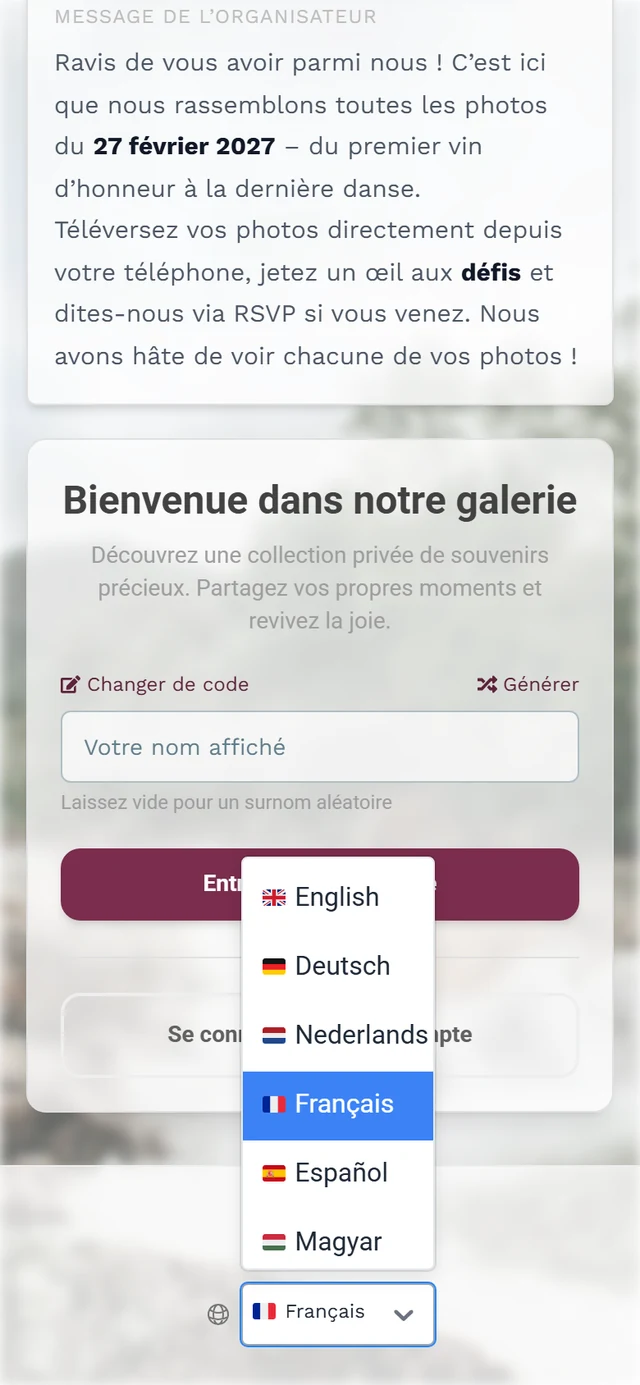 Pied de page de la page de participation avec l'icône de globe et la liste des langues déployée