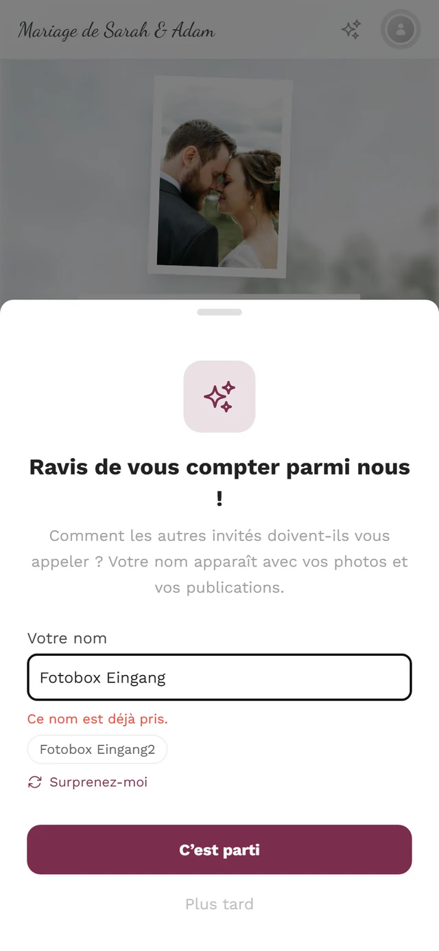 La même fenêtre avec l'avertissement rouge Ce nom est déjà pris et la suggestion Photobooth entrée2 en dessous