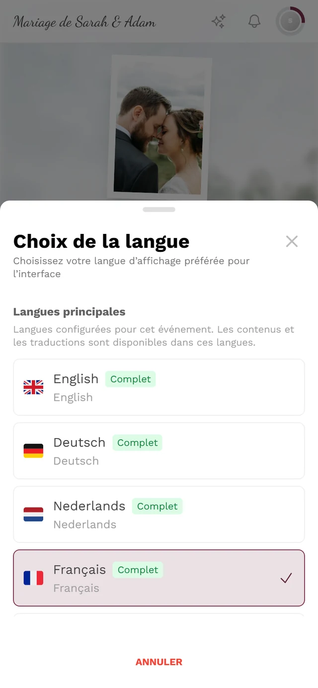 Boîte de dialogue Choix de la langue avec les langues principales, les badges Complet et une coche sur la langue active