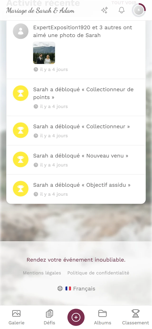 Pied de page d'accueil de l'événement avec les liens Mentions légales et Confidentialité