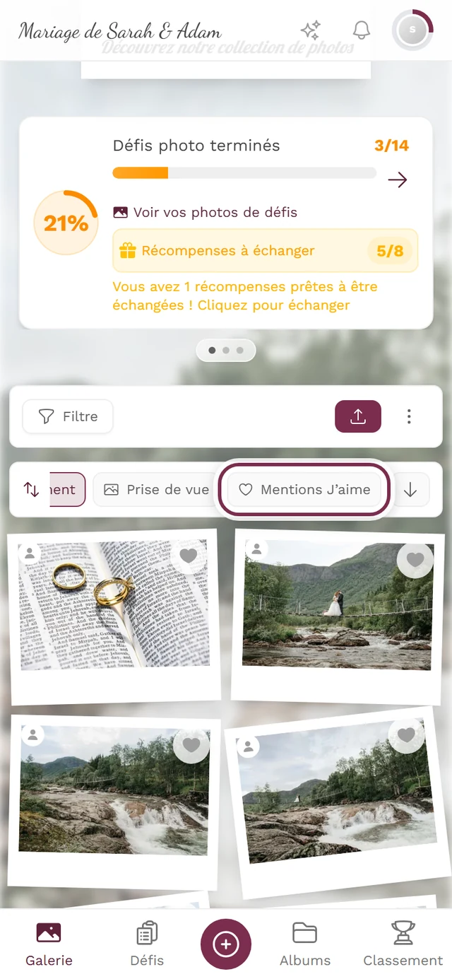 Barre de tri au-dessus de la galerie, l'option Mentions J'aime est mise en évidence